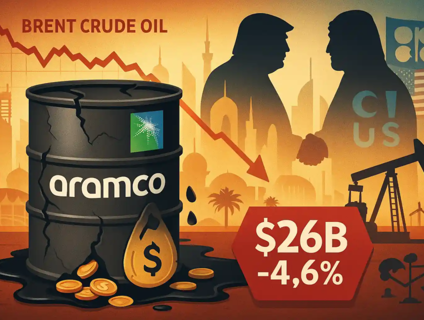 Cracked Aramco oil barrel leaking coins, $26B profit tag with 4.6% drop, Trump-MBS handshake, oil pumps, Brent price chart falling.