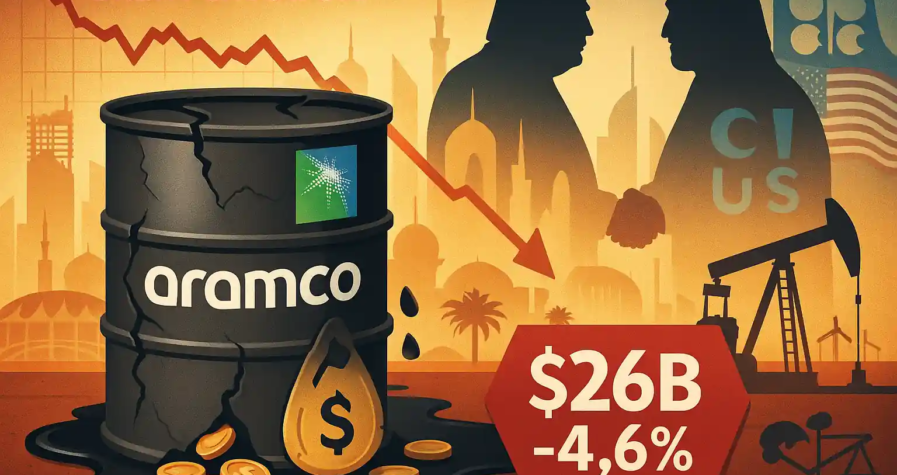 Cracked Aramco oil barrel leaking coins, $26B profit tag with 4.6% drop, Trump-MBS handshake, oil pumps, Brent price chart falling.