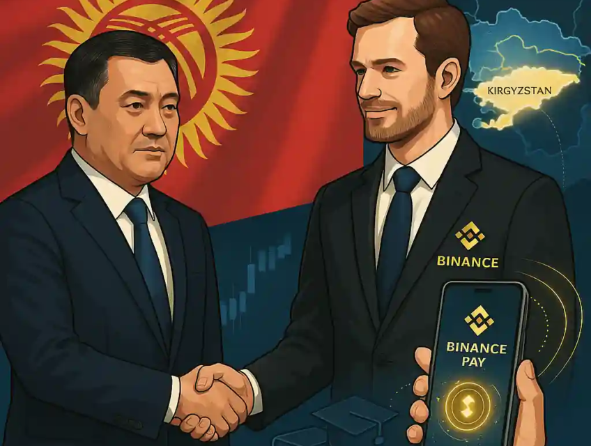 Kyrgyz President Sadyr Japarov shakes hands with a Binance representative as Binance Pay launches, with Kyrgyz flag and map backdrop.