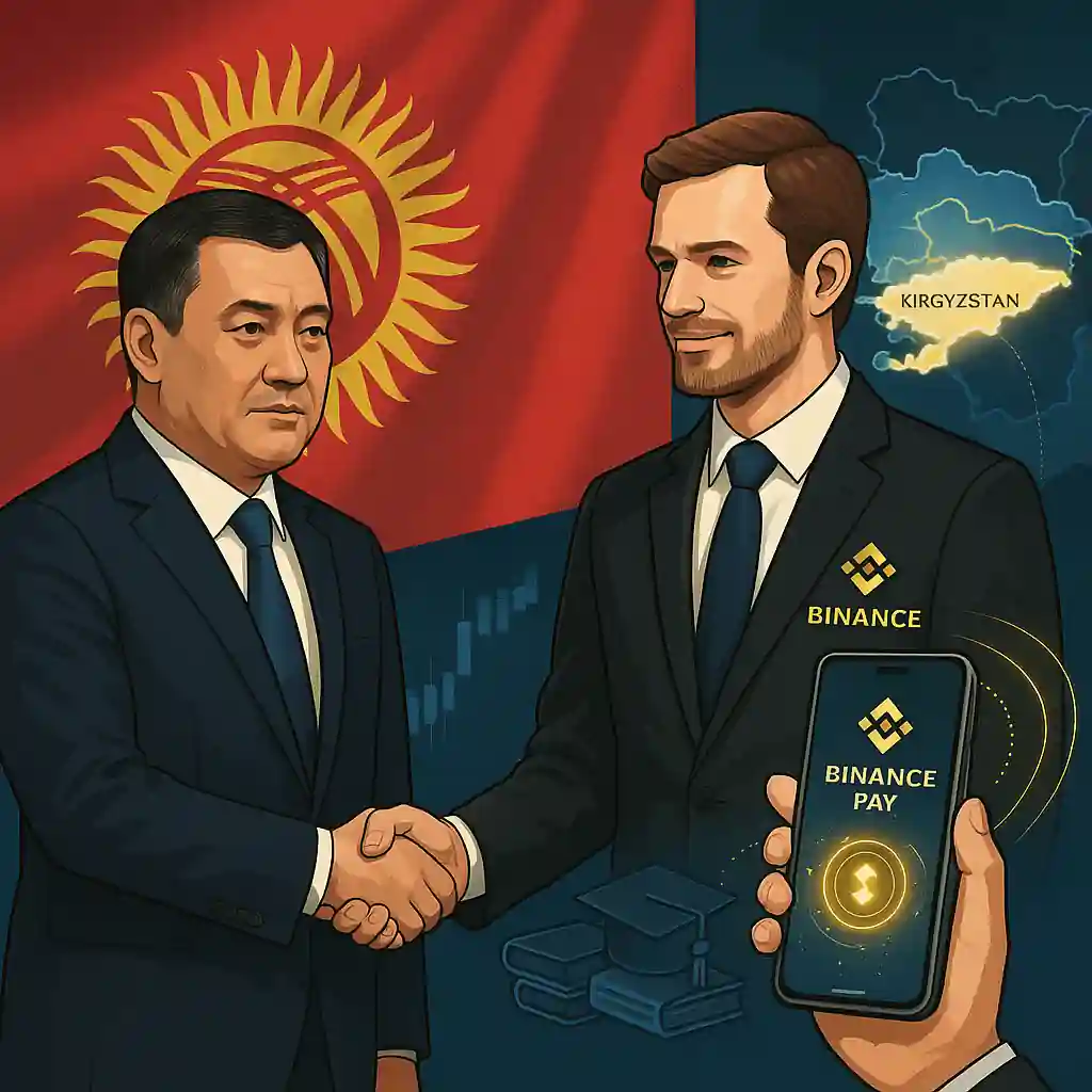 Kyrgyz President Sadyr Japarov shakes hands with a Binance representative as Binance Pay launches, with Kyrgyz flag and map backdrop.