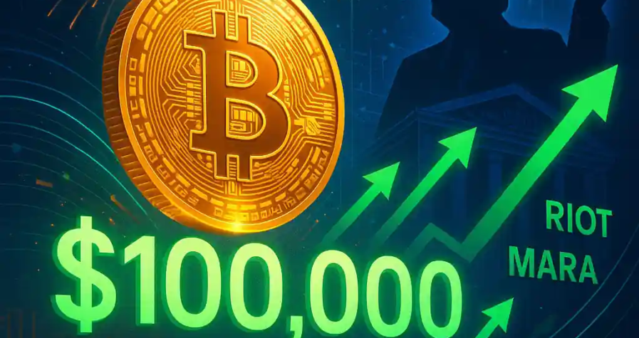 Bitcoin reaches $100,000 with green arrows, crypto stock tickers, fireworks, and Donald Trump silhouette celebrating market rally.