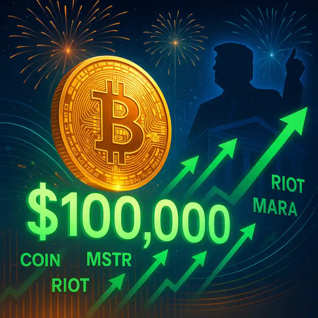 Bitcoin reaches $100,000 with green arrows, crypto stock tickers, fireworks, and Donald Trump silhouette celebrating market rally.
