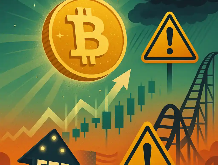 Bitcoin rises above $100K with glowing optimism while warning signs, storm clouds, and a roller coaster hint at potential volatility ahead.