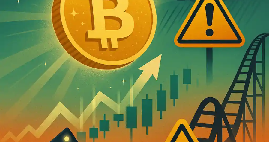 Bitcoin rises above $100K with glowing optimism while warning signs, storm clouds, and a roller coaster hint at potential volatility ahead.