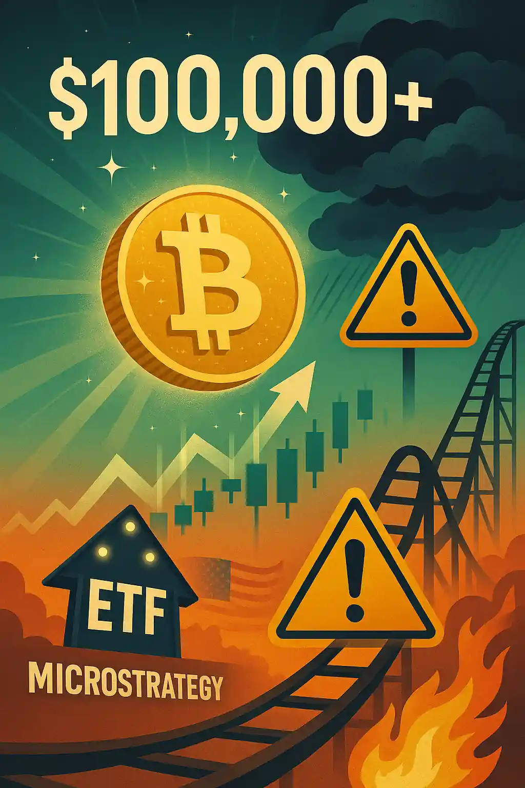 Bitcoin rises above $100K with glowing optimism while warning signs, storm clouds, and a roller coaster hint at potential volatility ahead.