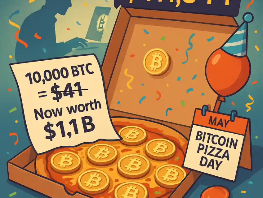 A pizza topped with Bitcoin coins celebrates Bitcoin Pizza Day, with a receipt showing “10,000 BTC = $41” now worth $1.1B, and confetti in the background.