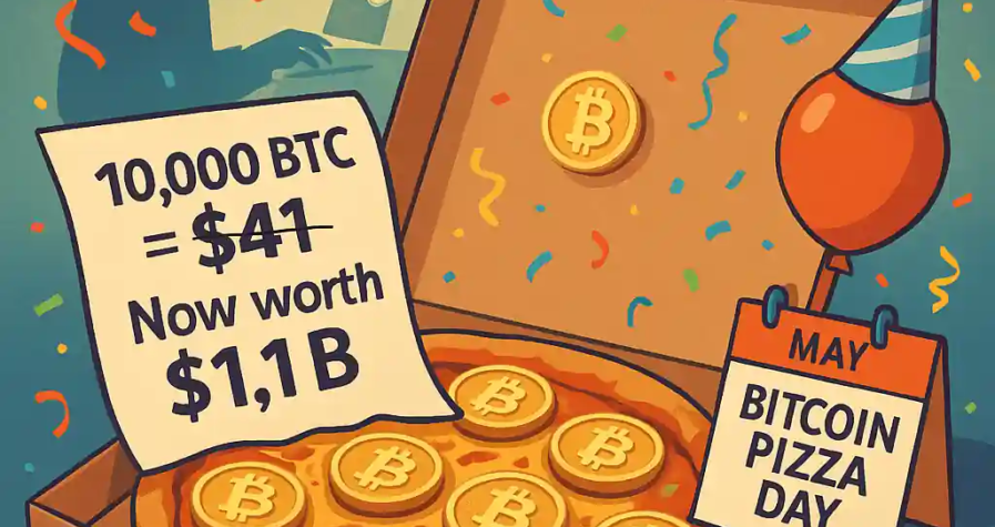 A pizza topped with Bitcoin coins celebrates Bitcoin Pizza Day, with a receipt showing “10,000 BTC = $41” now worth $1.1B, and confetti in the background.