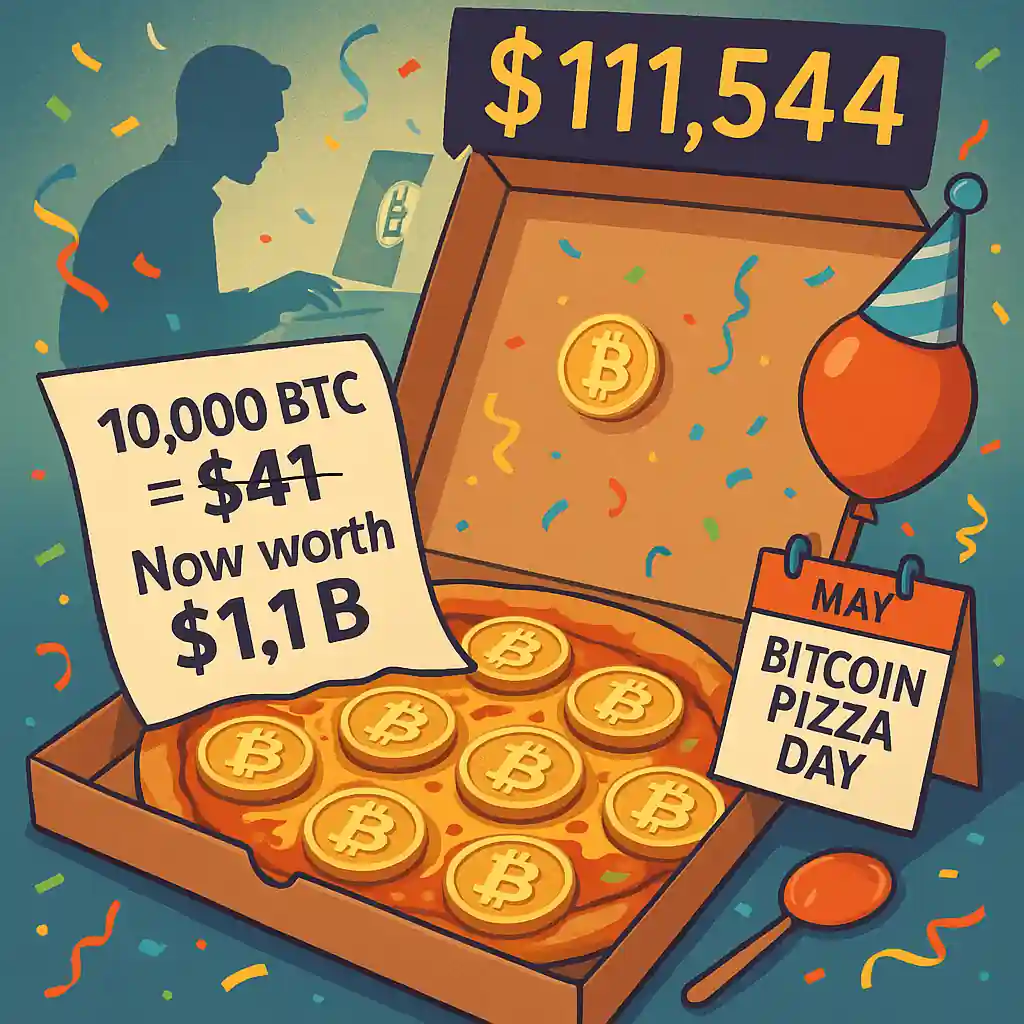 A pizza topped with Bitcoin coins celebrates Bitcoin Pizza Day, with a receipt showing “10,000 BTC = $41” now worth $1.1B, and confetti in the background.