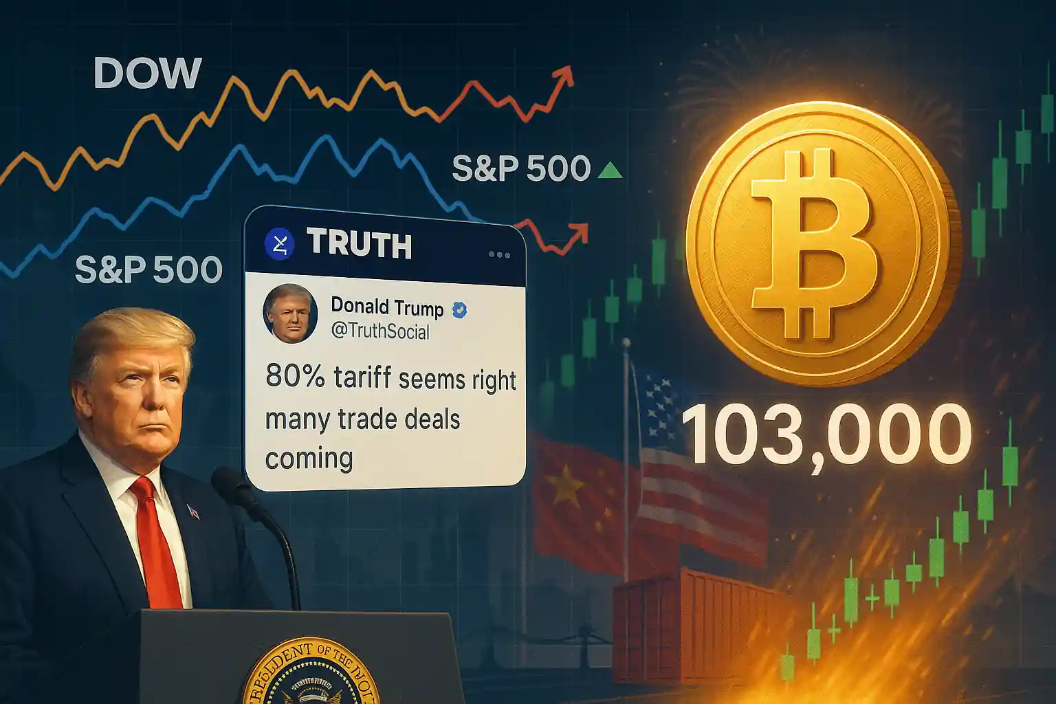 Donald Trump speaks beside a Truth Social post about tariffs while US stock indices fluctuate and Bitcoin rises to $103K.