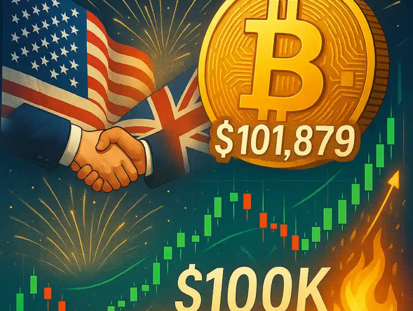 Bitcoin crosses $100,000 with $101,879 displayed, as U.S. and U.K. flags wave and hands shake amid a crypto rally and fireworks.