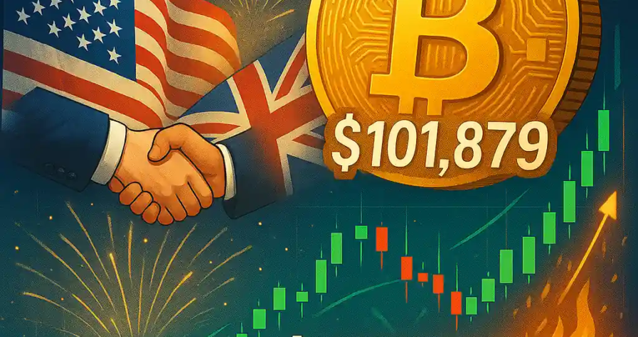 Bitcoin crosses $100,000 with $101,879 displayed, as U.S. and U.K. flags wave and hands shake amid a crypto rally and fireworks.