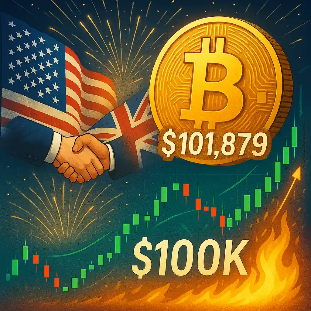 Bitcoin crosses $100,000 with $101,879 displayed, as U.S. and U.K. flags wave and hands shake amid a crypto rally and fireworks.