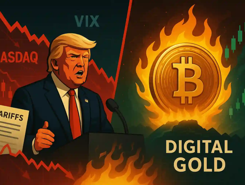 Donald Trump announces tariffs as markets crash while Bitcoin rises in flames labeled “Digital Gold” on a split screen.