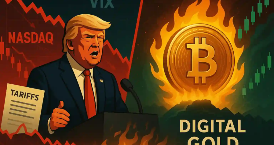 Donald Trump announces tariffs as markets crash while Bitcoin rises in flames labeled “Digital Gold” on a split screen.
