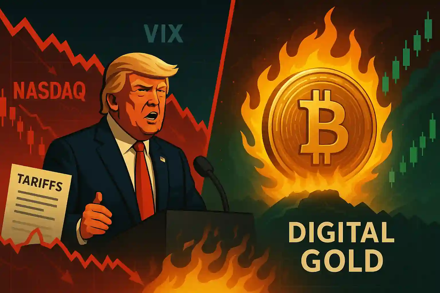 Donald Trump announces tariffs as markets crash while Bitcoin rises in flames labeled “Digital Gold” on a split screen.