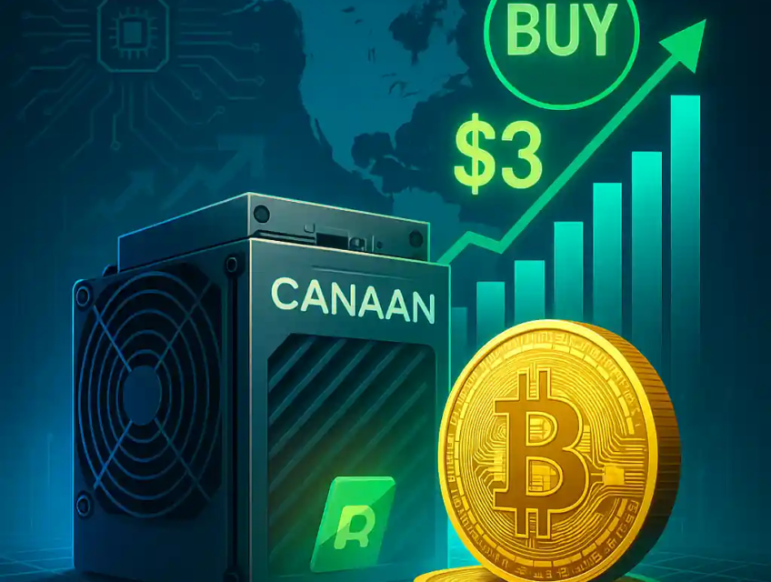 Canaan bitcoin mining rig with glowing bitcoin coin, rising bar chart, buy rating and $3 price target on a North America map background.