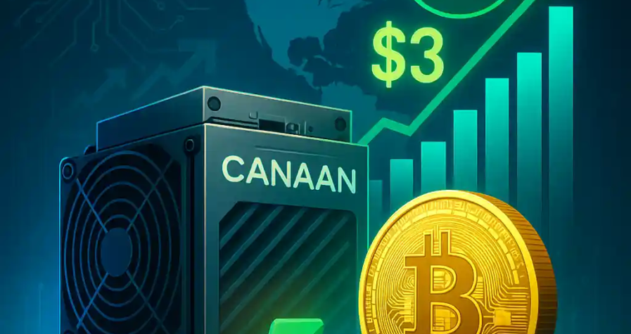 Canaan bitcoin mining rig with glowing bitcoin coin, rising bar chart, buy rating and $3 price target on a North America map background.