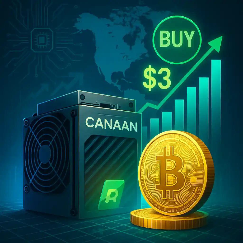 Canaan bitcoin mining rig with glowing bitcoin coin, rising bar chart, buy rating and $3 price target on a North America map background.