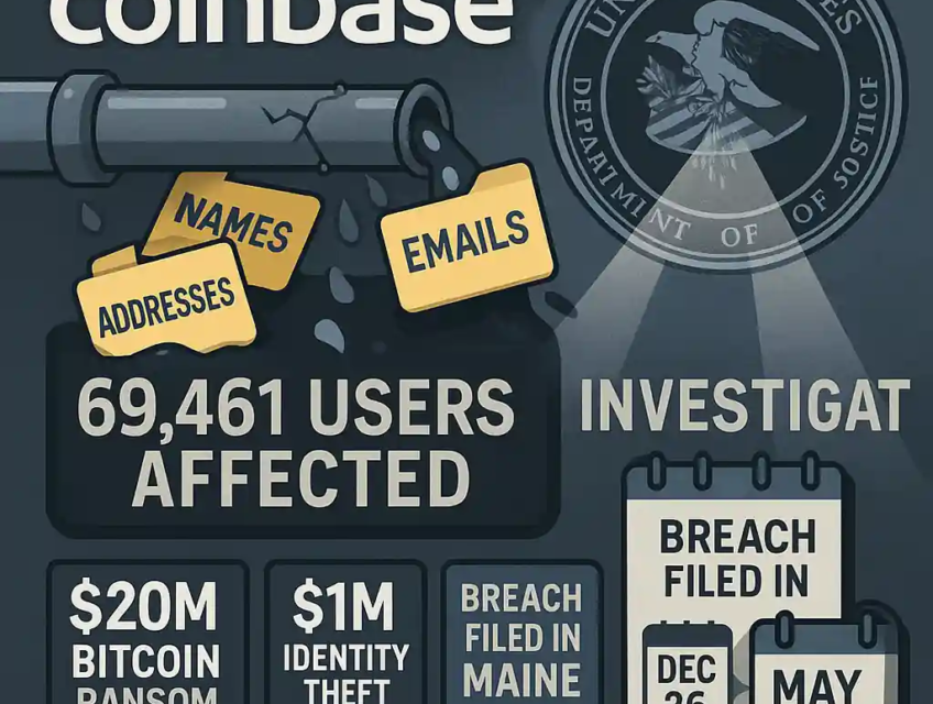 Cracked pipe leaks data folders labeled “Names,” “Emails,” and “Addresses” under Coinbase’s logo, with DOJ seal and breach timeline included.
