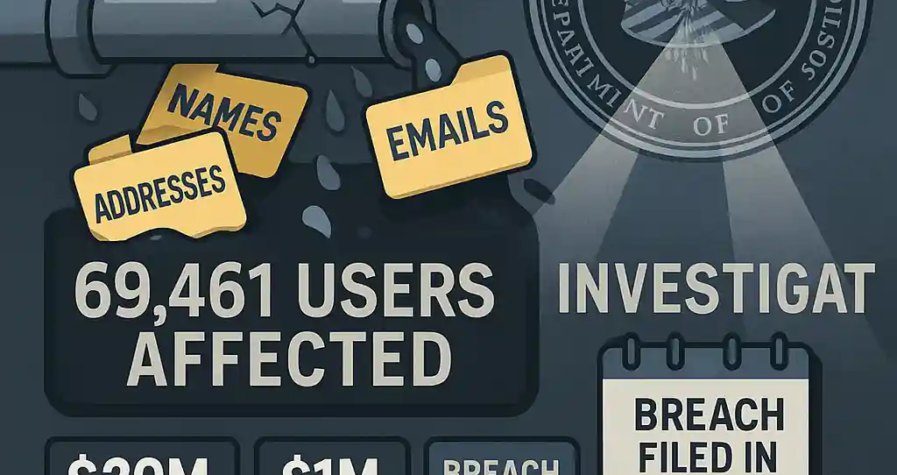 Cracked pipe leaks data folders labeled “Names,” “Emails,” and “Addresses” under Coinbase’s logo, with DOJ seal and breach timeline included.
