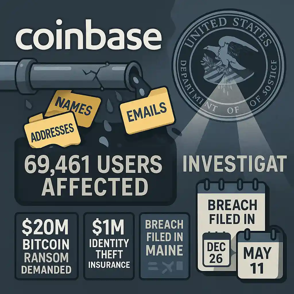 Cracked pipe leaks data folders labeled “Names,” “Emails,” and “Addresses” under Coinbase’s logo, with DOJ seal and breach timeline included.