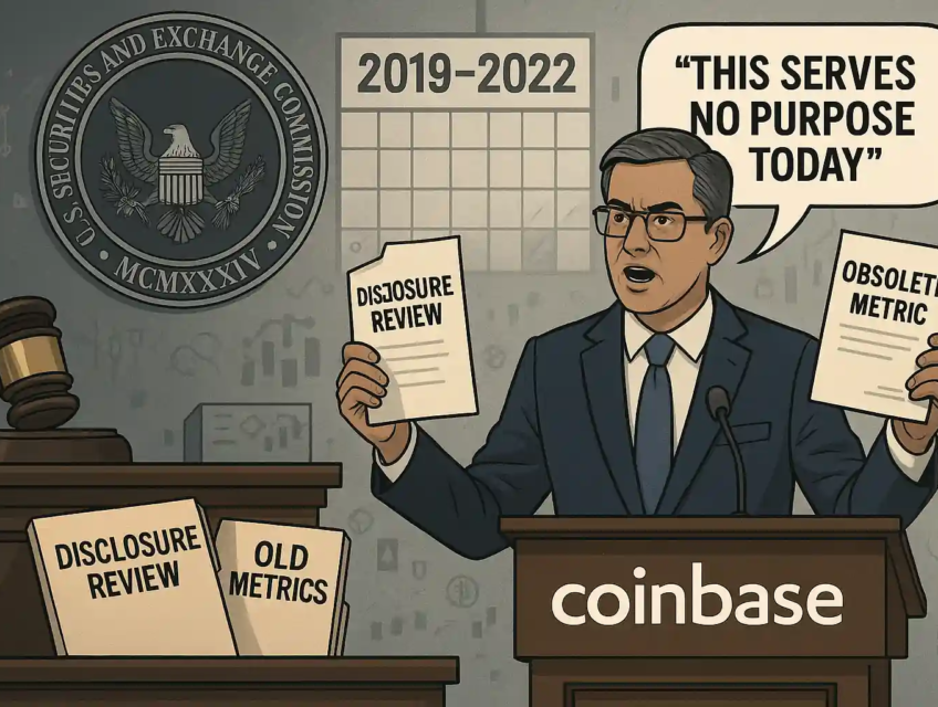 Coinbase legal chief Paul Grewal challenges the SEC’s investigation over outdated metrics, holding documents labeled “Disclosure Review” and “Obsolete Metric.”
