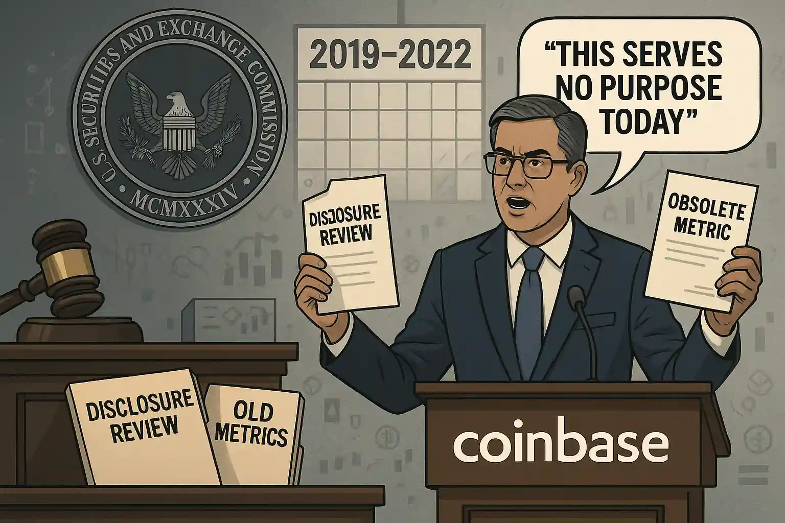 Coinbase legal chief Paul Grewal challenges the SEC’s investigation over outdated metrics, holding documents labeled “Disclosure Review” and “Obsolete Metric.”