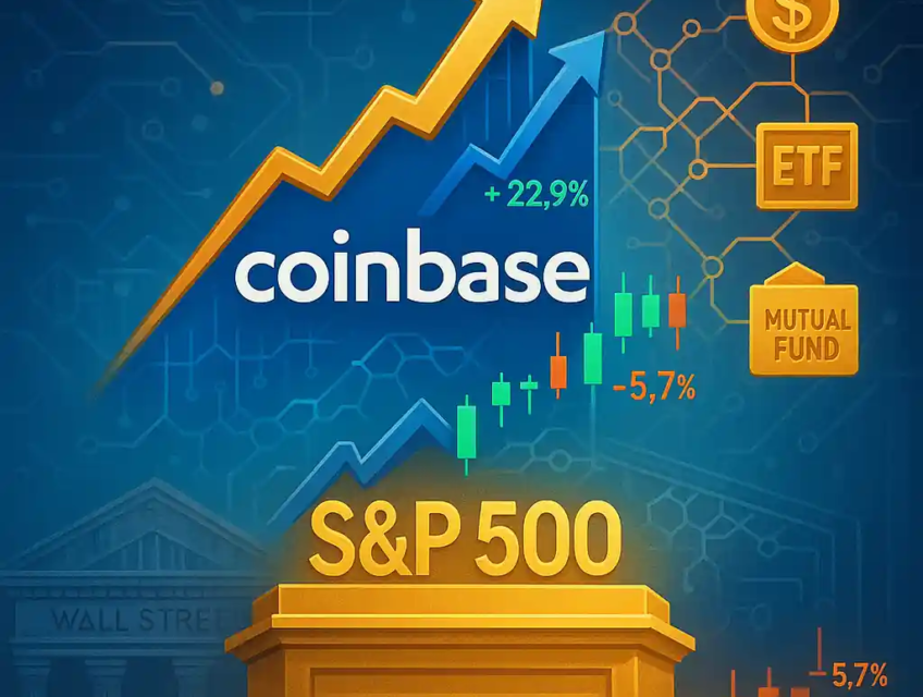Coinbase logo rises on a candlestick chart toward an S&P 500 podium, linked to ETFs, mutual funds, and dollar icons with blockchain nodes in the background.