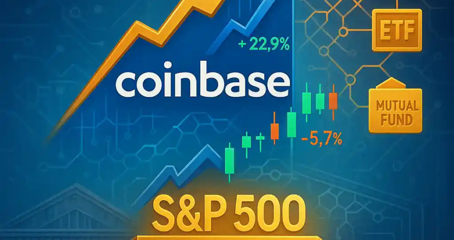 Coinbase logo rises on a candlestick chart toward an S&P 500 podium, linked to ETFs, mutual funds, and dollar icons with blockchain nodes in the background.