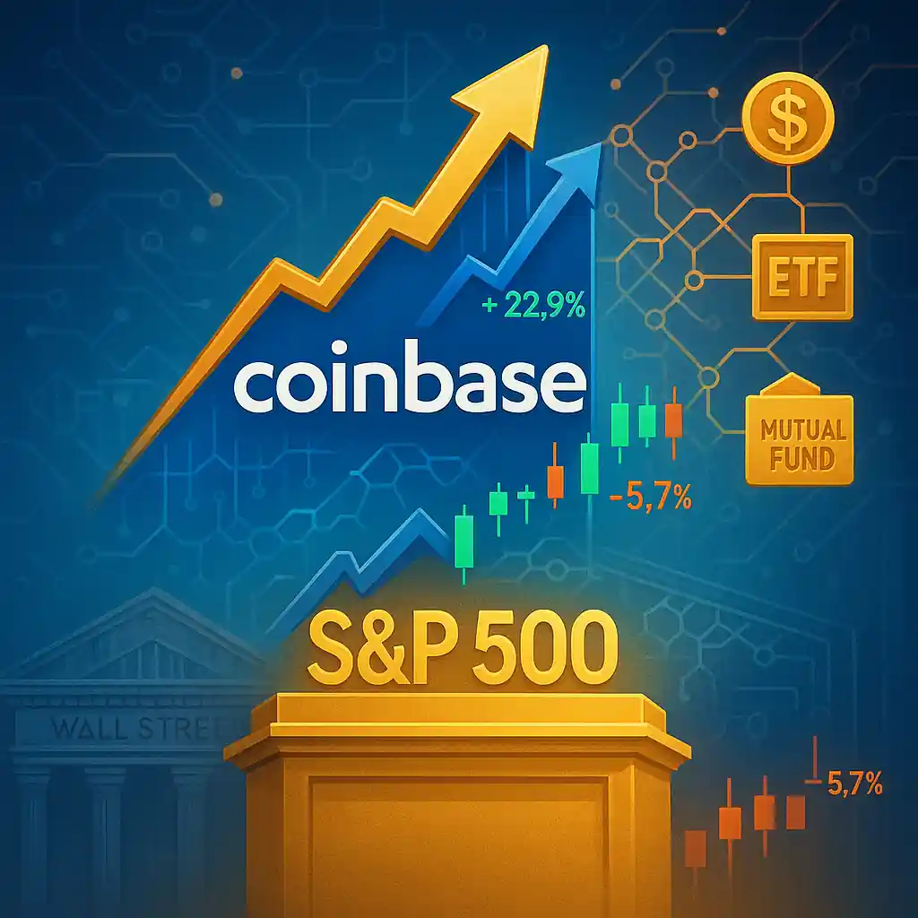 Coinbase logo rises on a candlestick chart toward an S&P 500 podium, linked to ETFs, mutual funds, and dollar icons with blockchain nodes in the background.