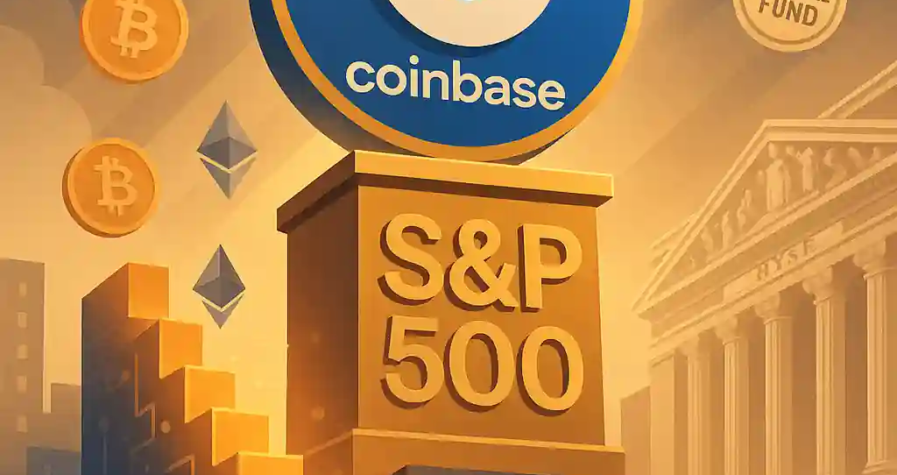 Coinbase logo on a glowing S&P 500 pedestal surrounded by Bitcoin, Ethereum, ETFs, and 401(k) icons with a “TradFi meets DeFi” banner overhead.