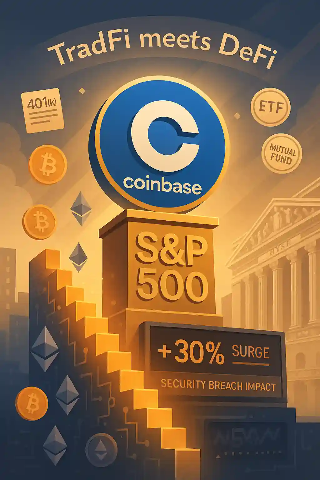Coinbase logo on a glowing S&P 500 pedestal surrounded by Bitcoin, Ethereum, ETFs, and 401(k) icons with a “TradFi meets DeFi” banner overhead.