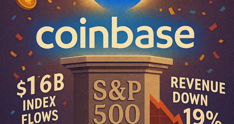 Coinbase celebrates S&P 500 inclusion with confetti and crypto icons, while a declining revenue chart signals caution.