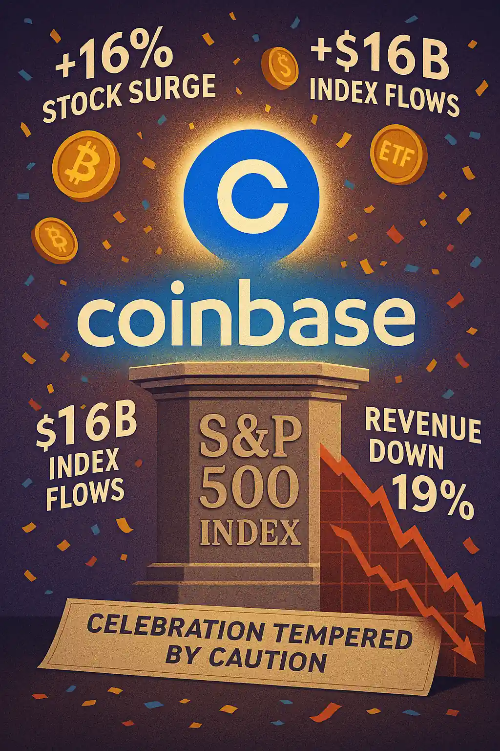 Coinbase celebrates S&P 500 inclusion with confetti and crypto icons, while a declining revenue chart signals caution.