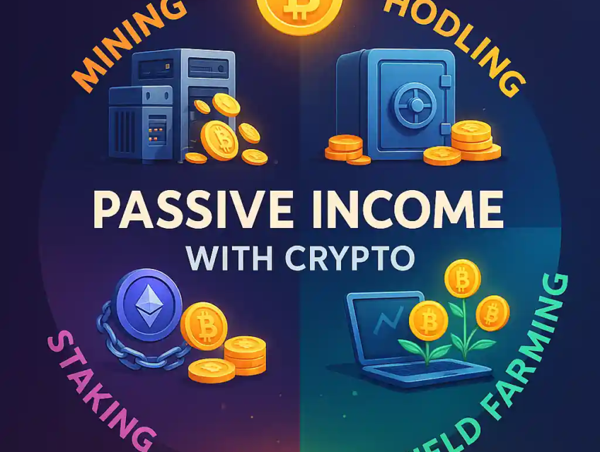 Infographic showing four crypto passive income methods—mining, HODLing, staking, and yield farming—with icons for each and a glowing Bitcoin in the center.