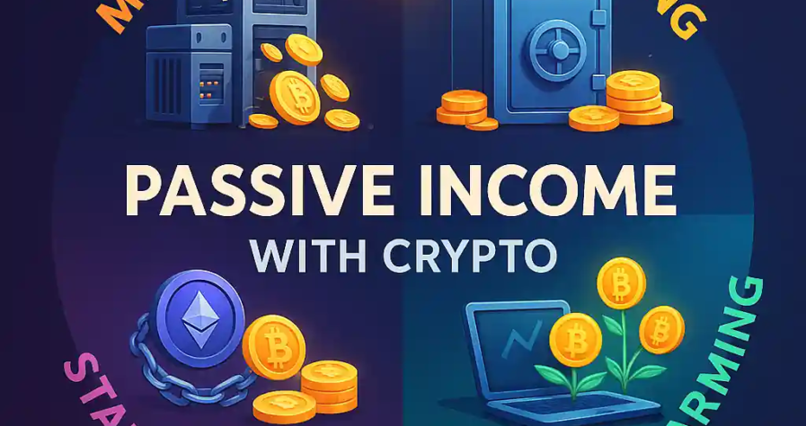 Infographic showing four crypto passive income methods—mining, HODLing, staking, and yield farming—with icons for each and a glowing Bitcoin in the center.