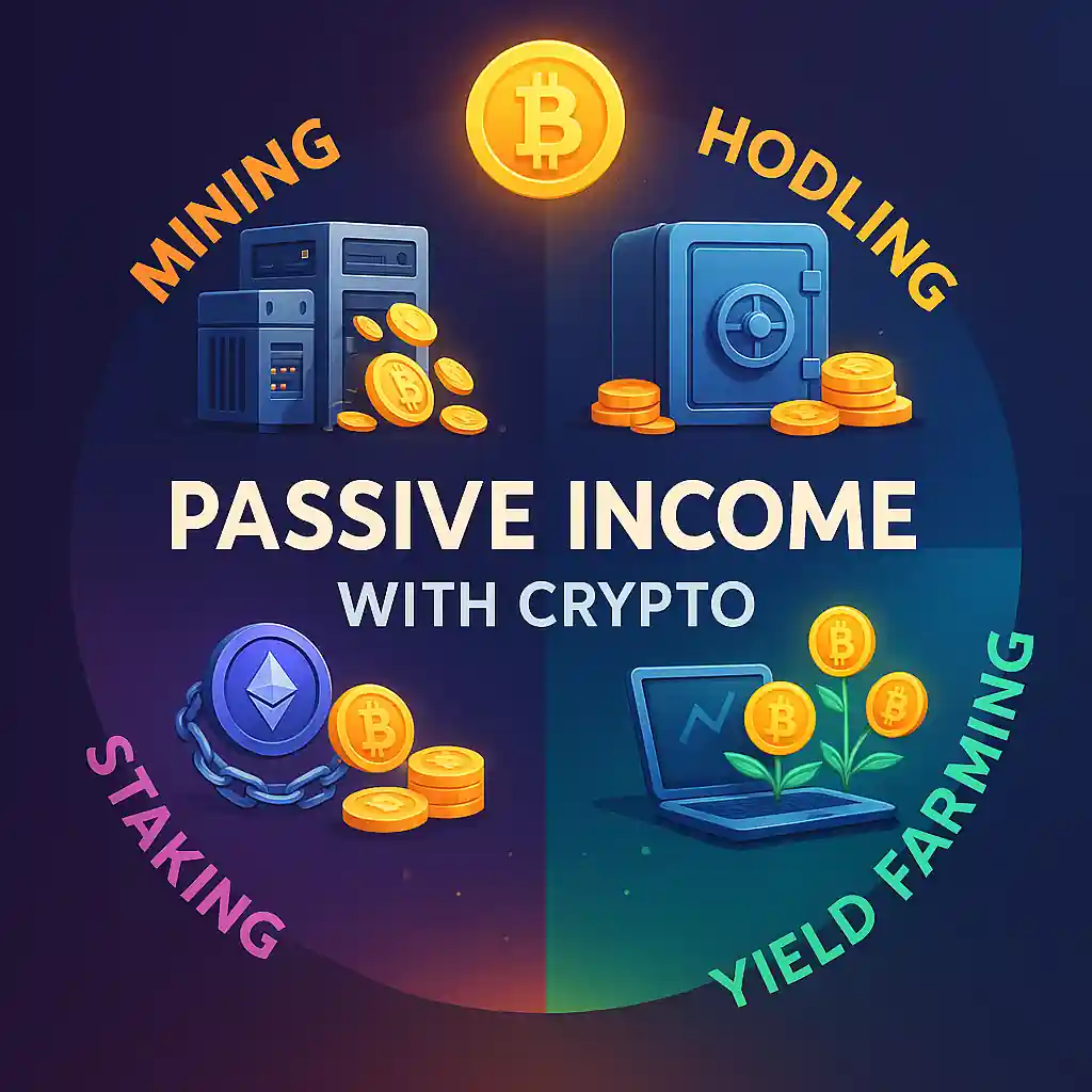 Infographic showing four crypto passive income methods—mining, HODLing, staking, and yield farming—with icons for each and a glowing Bitcoin in the center.