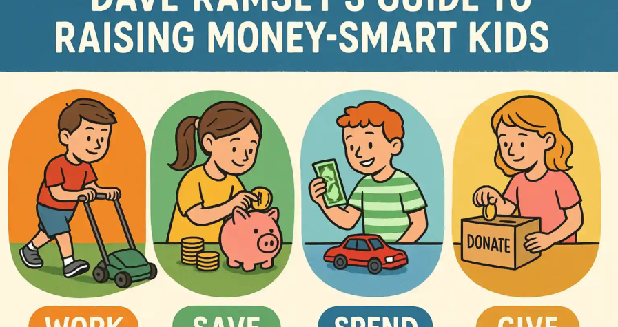 Illustration of kids learning financial habits—working, saving, spending, and giving—based on Dave Ramsey’s parenting guide.