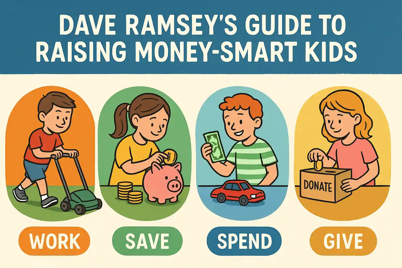 Illustration of kids learning financial habits—working, saving, spending, and giving—based on Dave Ramsey’s parenting guide.