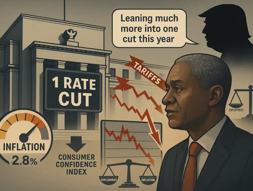 Federal Reserve building with “1 Rate Cut” sign, Bostic speaking, Trump silhouette launching tariff arrows, inflation gauge at 2.8%, falling chart and consumer confidence.