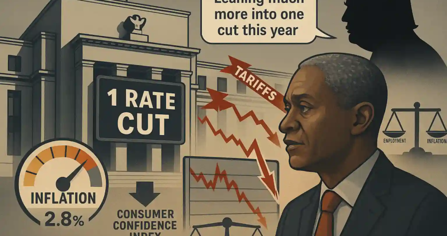 Federal Reserve building with “1 Rate Cut” sign, Bostic speaking, Trump silhouette launching tariff arrows, inflation gauge at 2.8%, falling chart and consumer confidence.