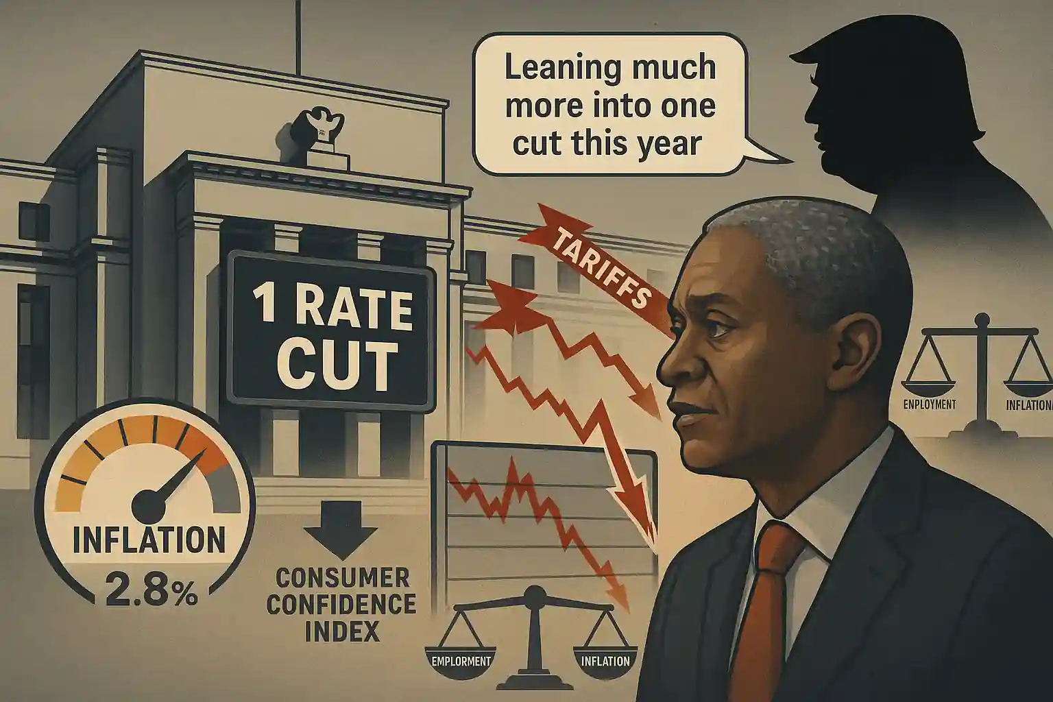 Federal Reserve building with “1 Rate Cut” sign, Bostic speaking, Trump silhouette launching tariff arrows, inflation gauge at 2.8%, falling chart and consumer confidence.