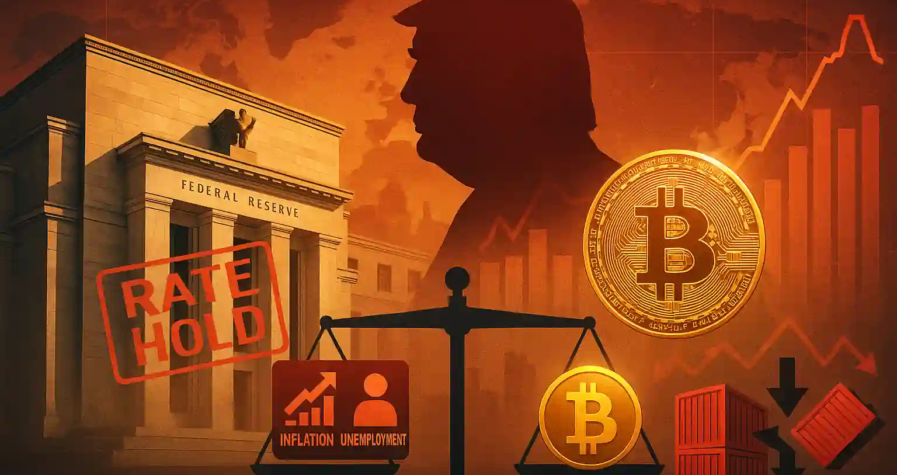 Bitcoin balanced on a scale against inflation and unemployment, with Fed building, Trump silhouette, and a Rate Hold stamp in background.