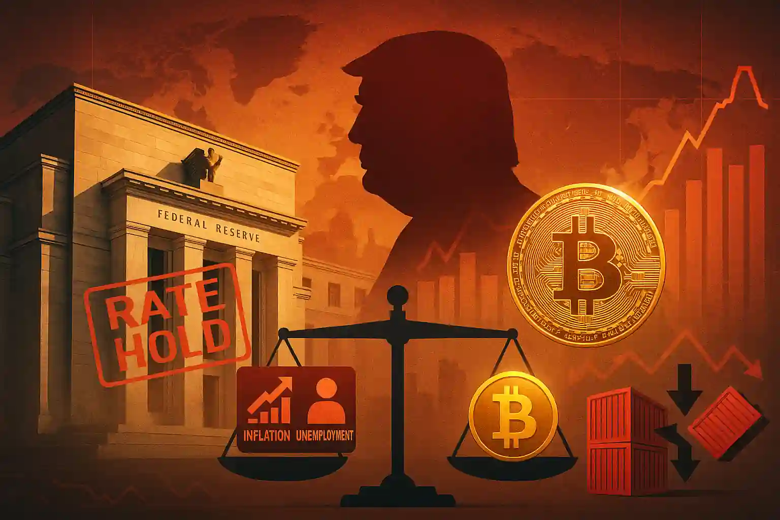 Bitcoin balanced on a scale against inflation and unemployment, with Fed building, Trump silhouette, and a Rate Hold stamp in background.