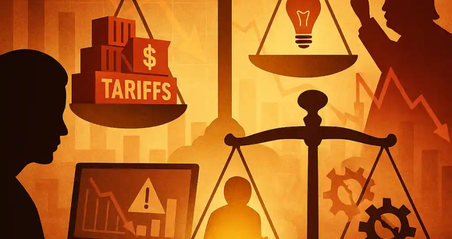 Scales weigh Trump tariffs against productivity and innovation, with a Fed official watching economic data and downward charts in background.