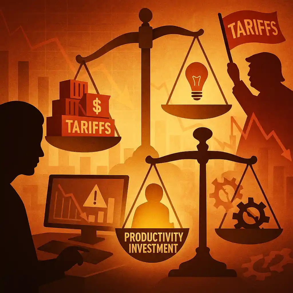 Scales weigh Trump tariffs against productivity and innovation, with a Fed official watching economic data and downward charts in background.
