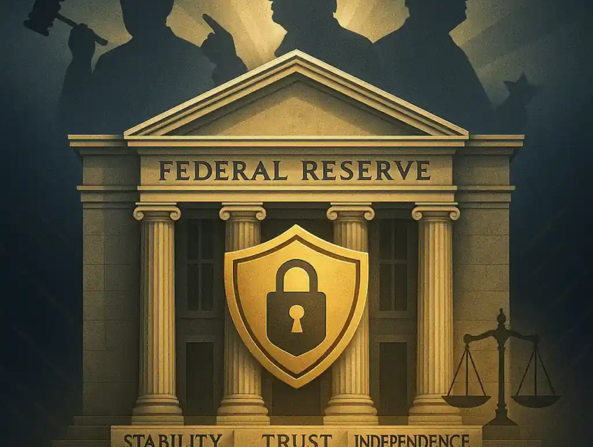 Federal Reserve building with columns labeled stability, trust, independence, shielded by a padlock, with Trump silhouette and justice scales.