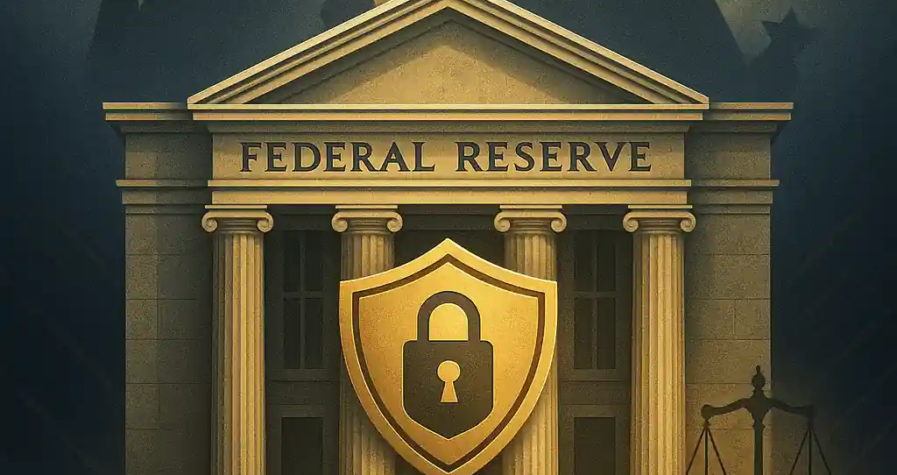 Federal Reserve building with columns labeled stability, trust, independence, shielded by a padlock, with Trump silhouette and justice scales.