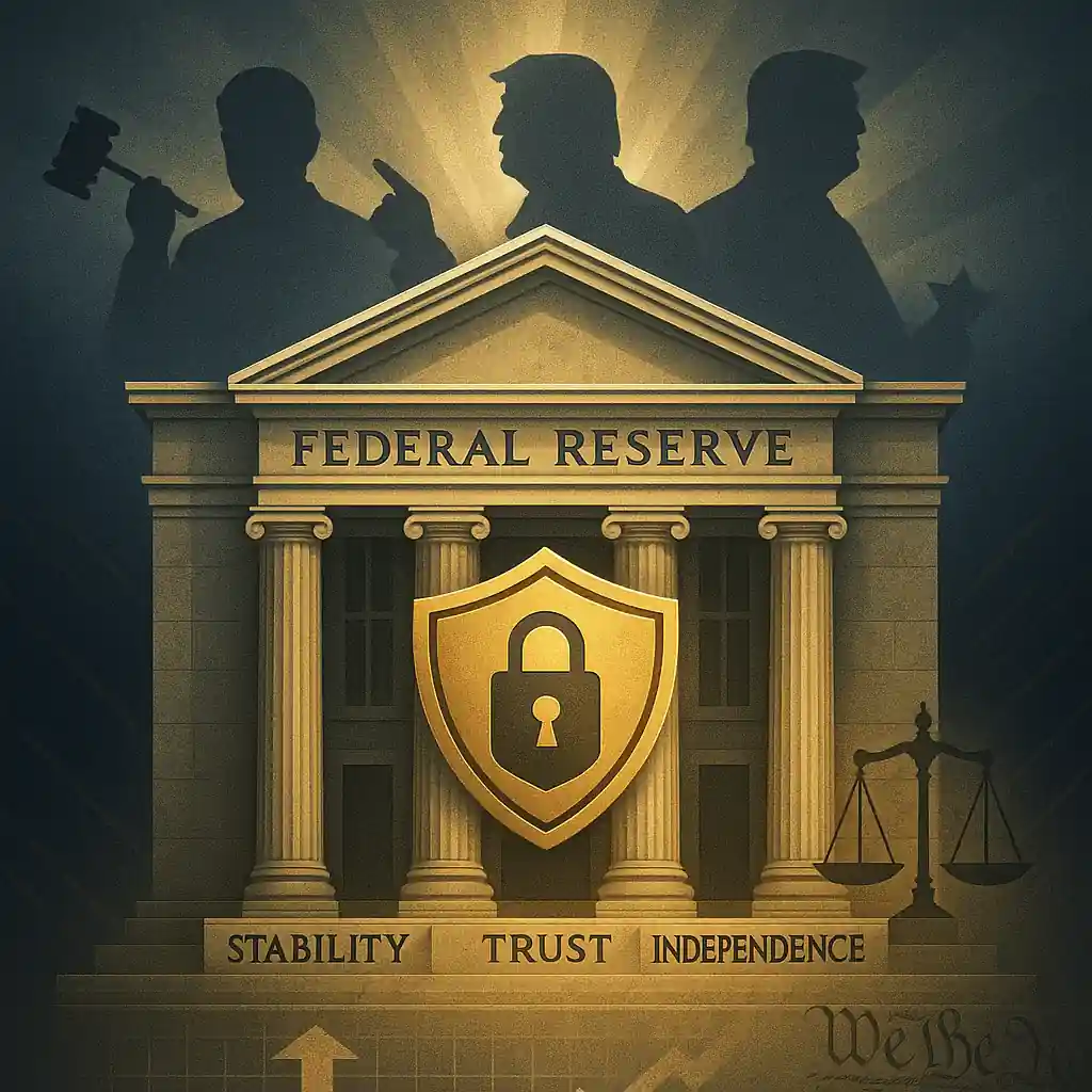 Federal Reserve building with columns labeled stability, trust, independence, shielded by a padlock, with Trump silhouette and justice scales.
