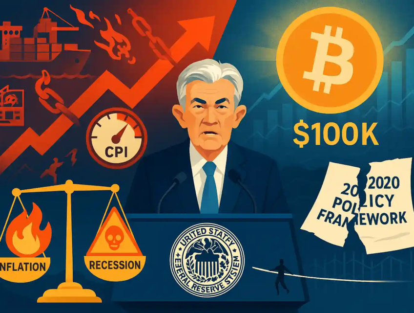 Jerome Powell at Fed podium with inflation CPI rising, supply shocks, Bitcoin at $100K, torn 2020 framework, and tightrope balance between inflation and recession.